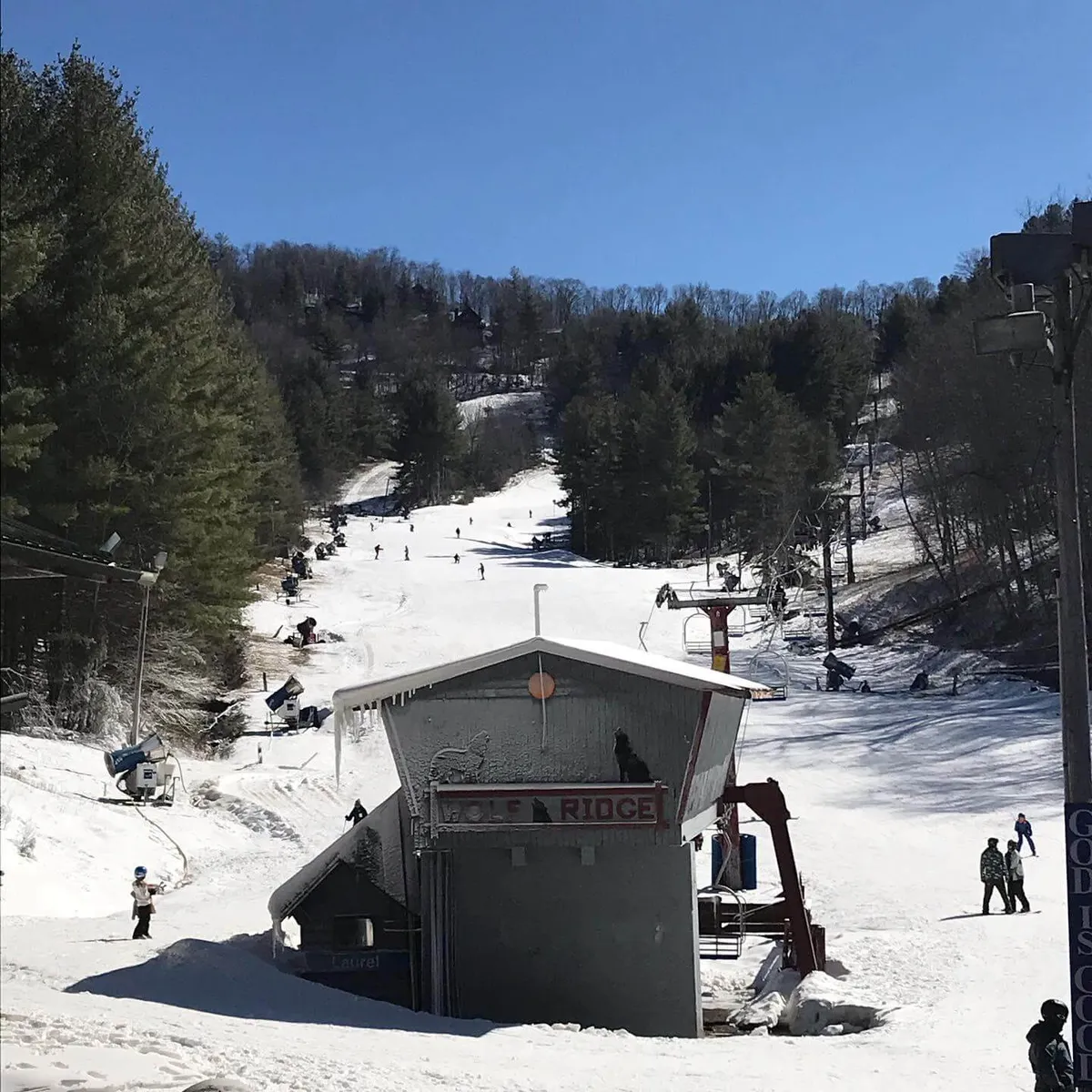 An energetic scene showing a ski lift station, skiers on the slope, surrounding trees, and a clear blue sky. The image captures guests in action, emphasizing the thrill and excitement of winter sports in a mountain resort setting.