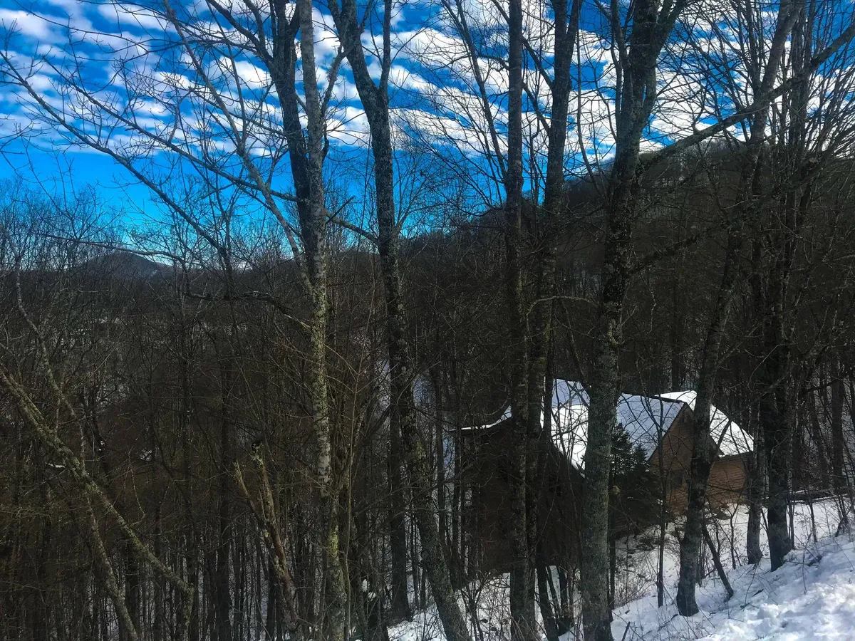 A peaceful winter scene featuring a partially visible cabin surrounded by snow-covered ground and wooded surroundings, with distant mountains visible in the background. The setting invites outdoor activities such as hiking, exploring the landscape, and unwinding after a day outdoors.