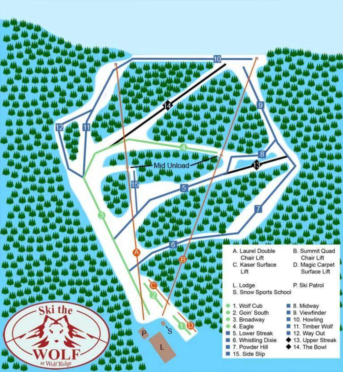 A panoramic view of ski trails, a lodge, chair lifts, a forest, and a lake, bustling with families and groups enjoying various snow activities together.